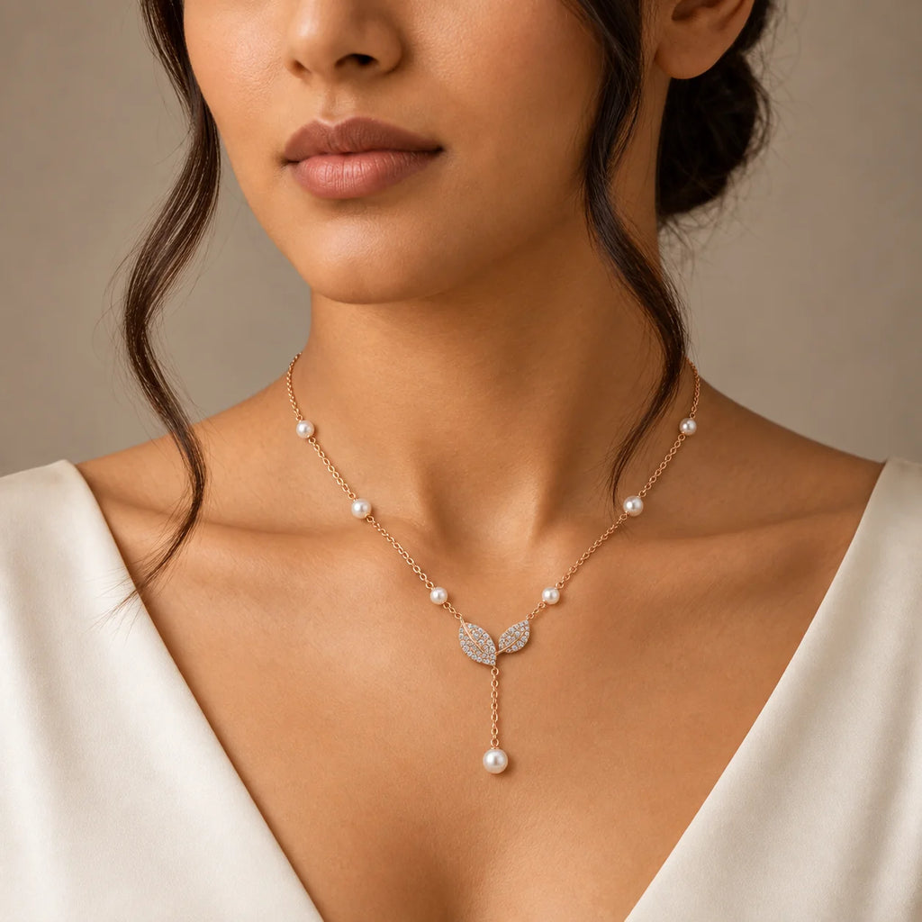 Rose Gold Pearl Station Leaf Lariat Necklace