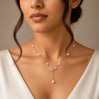 Rose Gold Pearl Station Leaf Lariat Necklace