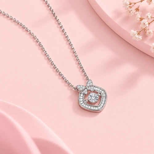 Bow Baguette Halo Pendant Necklace