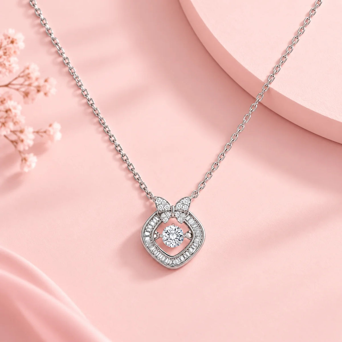 Bow Baguette Halo Pendant Necklace