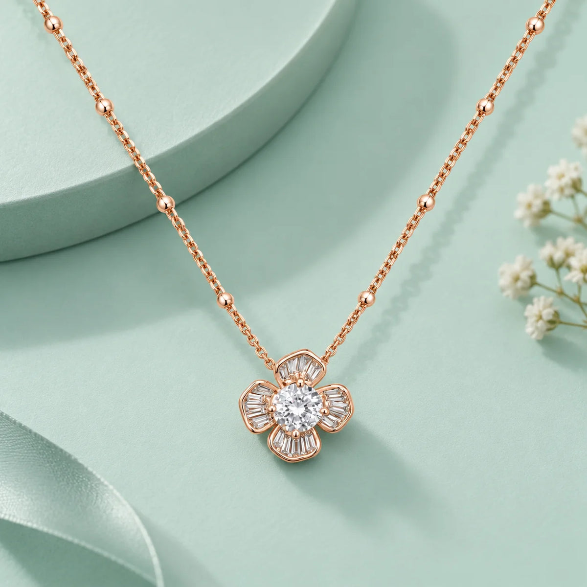 Rose Gold Baguette Flower Pendant Necklace