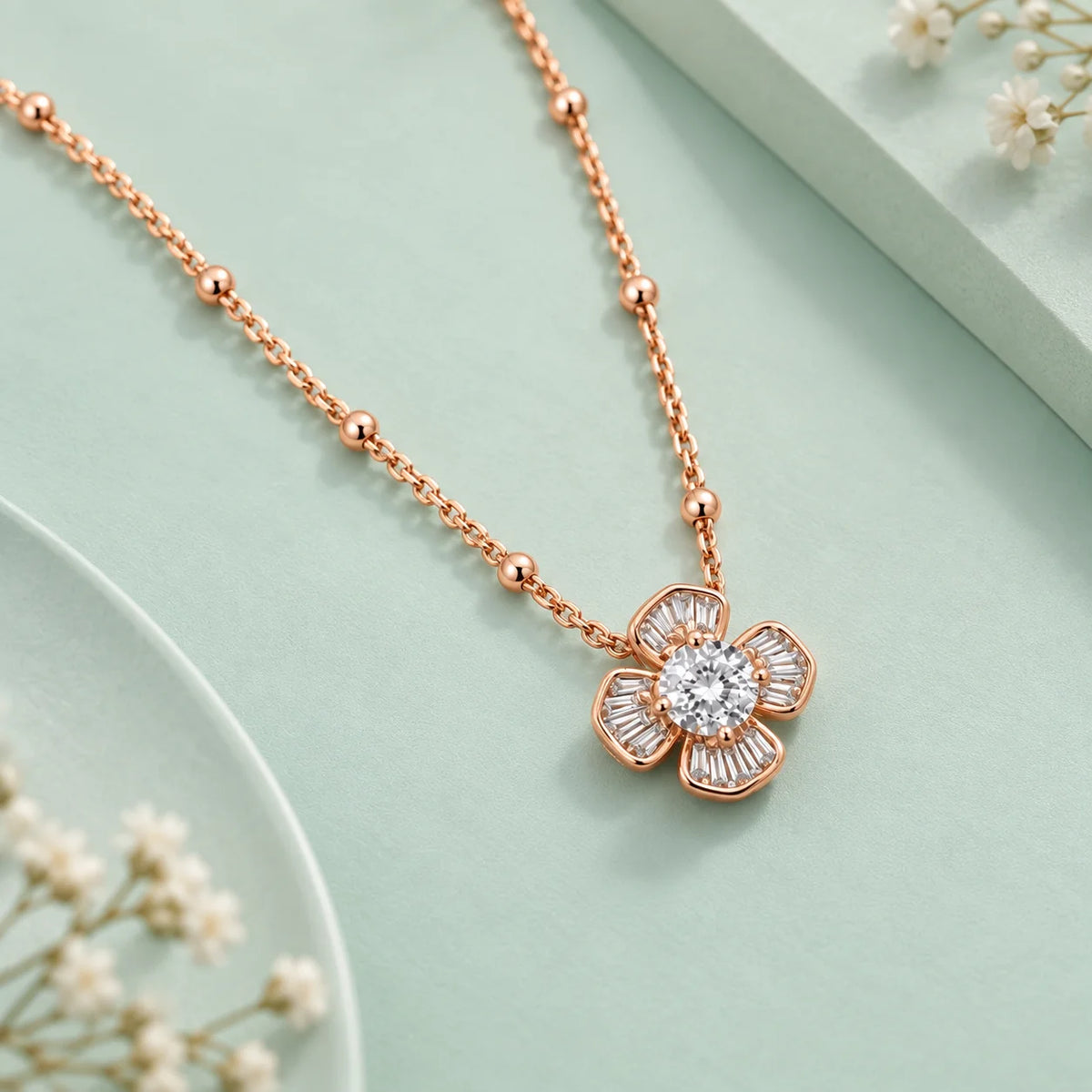 Rose Gold Baguette Flower Pendant Necklace