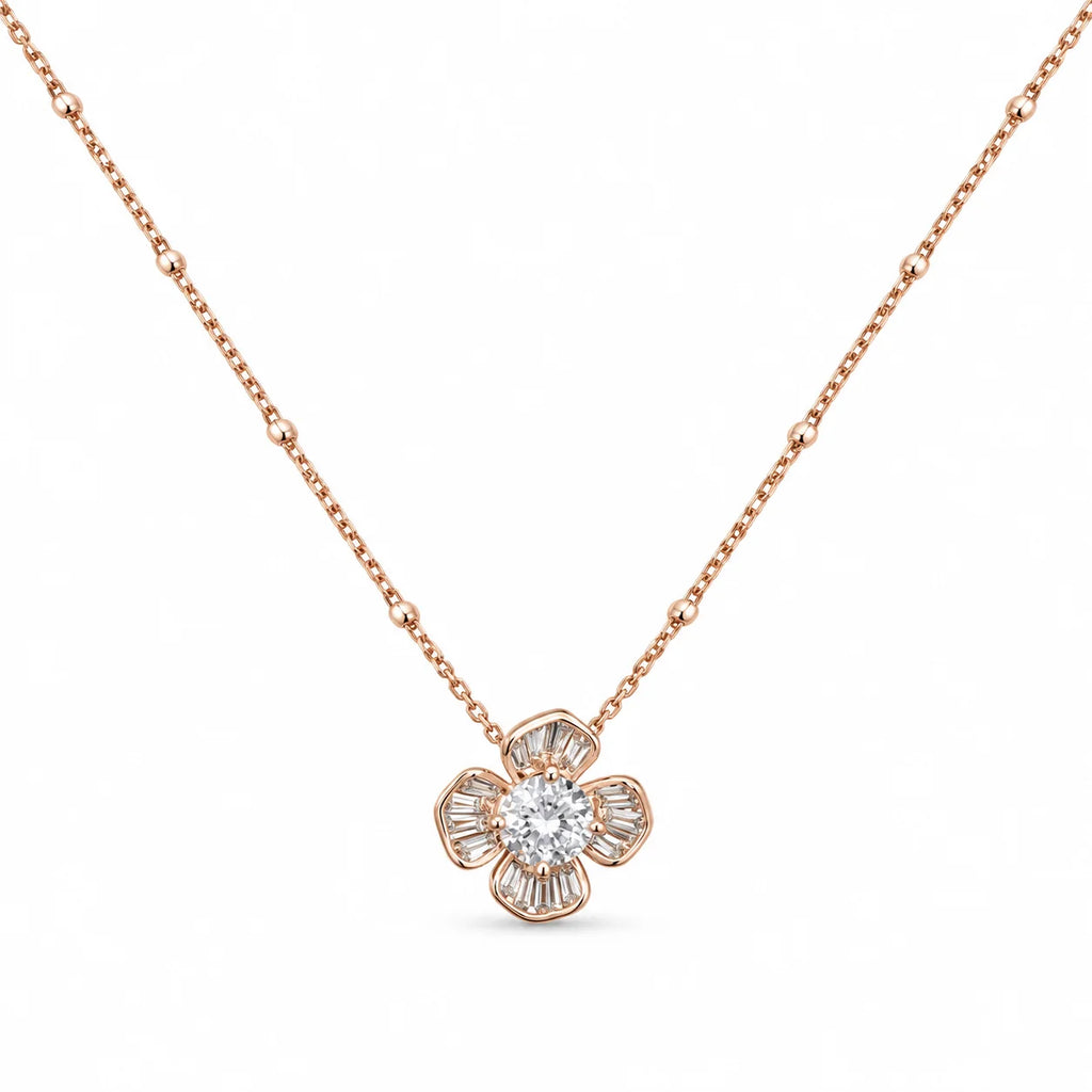 Rose Gold Baguette Flower Pendant Necklace