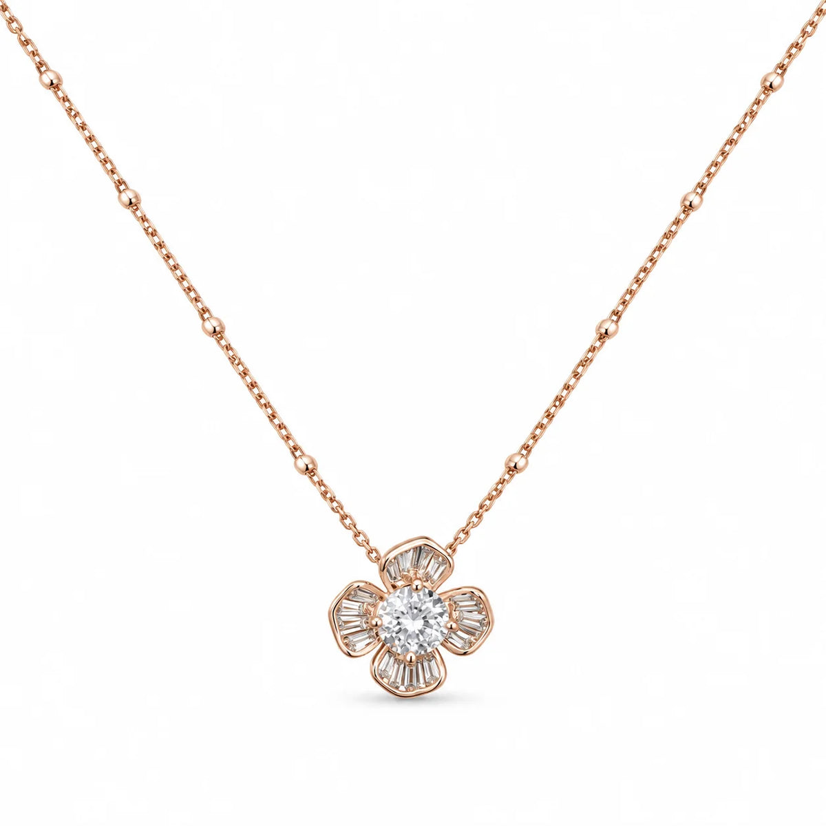 Rose Gold Baguette Flower Pendant Necklace