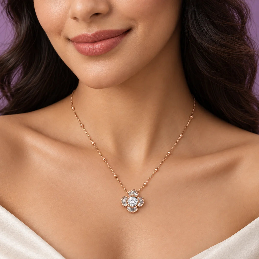 Rose Gold Baguette Flower Pendant Necklace