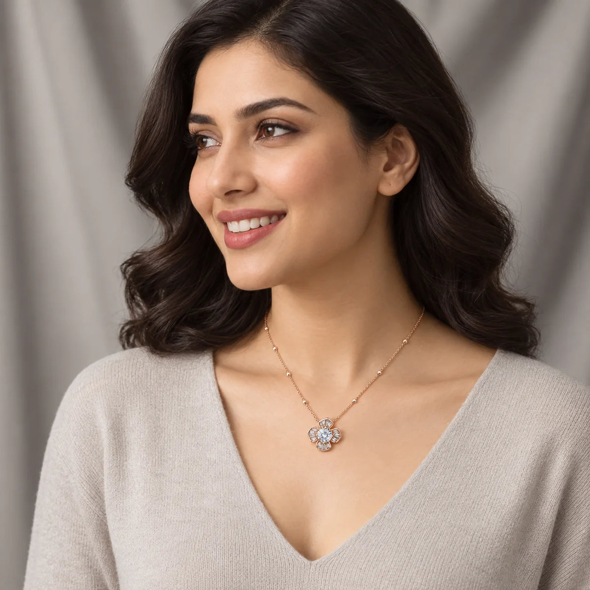 Rose Gold Baguette Flower Pendant Necklace