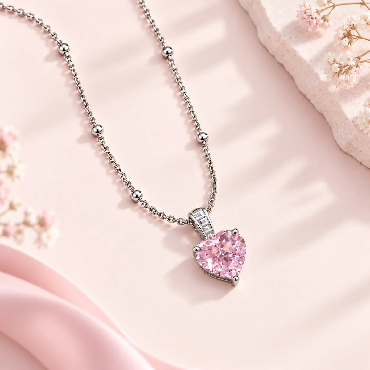 Pink Heart Beaded Chain Necklace