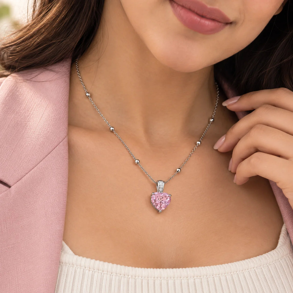 Pink Heart Beaded Chain Necklace