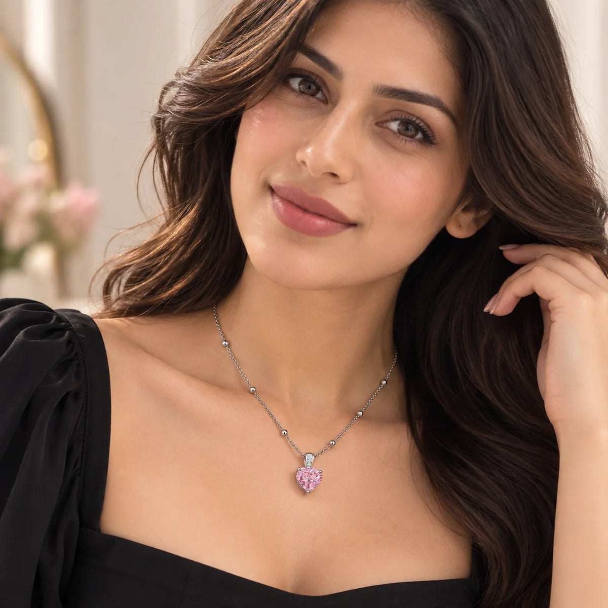 Pink Heart Beaded Chain Necklace