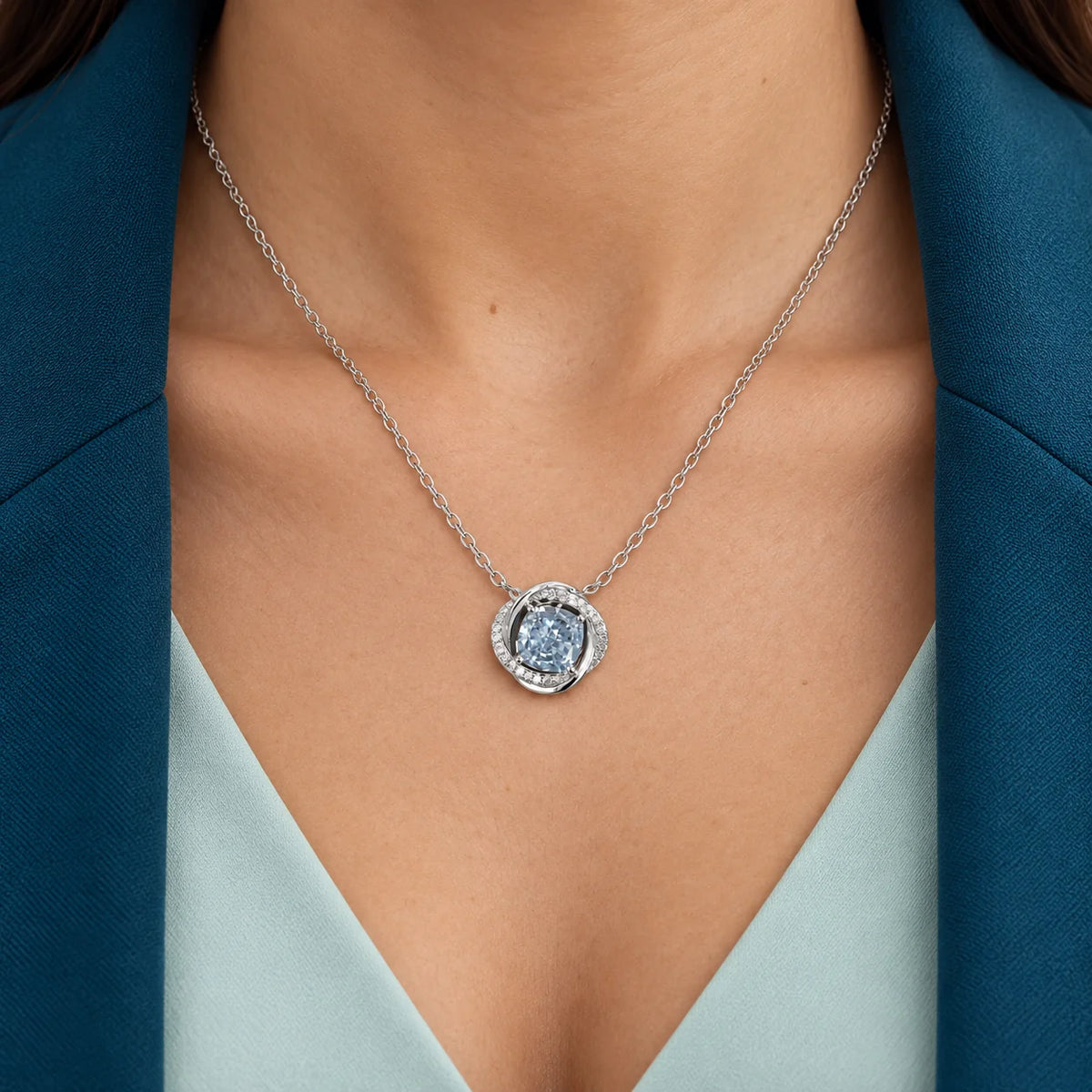 Aqua Stone Halo Pendant Necklace