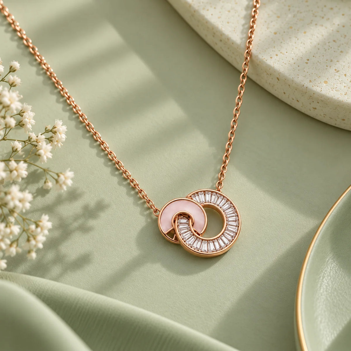 Rose Gold Interlocking Circle Pendant Necklace